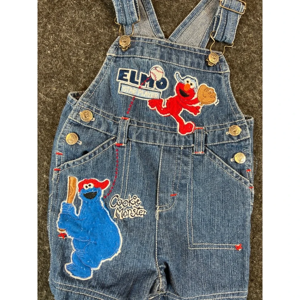 Sesame Street Elmo Cookie Monster Denim Shortalls Baby 3/6M Blue Baseball Retro